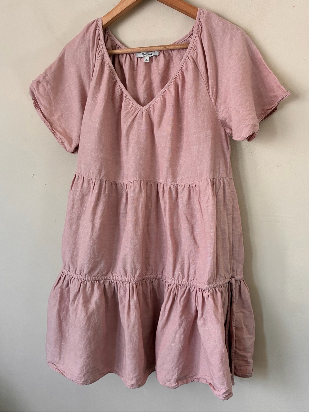 Madewell Pink Linen Blend Tiered Mini Dress V-Neck Short Sleeve M Cottagecore